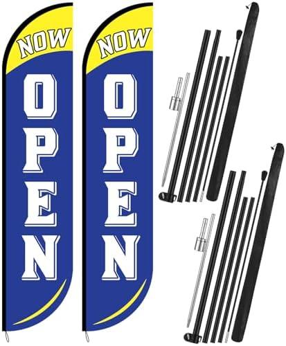 Preboun 2 Sets 12 ft Now Open Feather Flags Pole Kit for Business Advertising Feather Sign with Poles and Ground Spikes Open Flags Banner for Store Outside Signs (Blue)