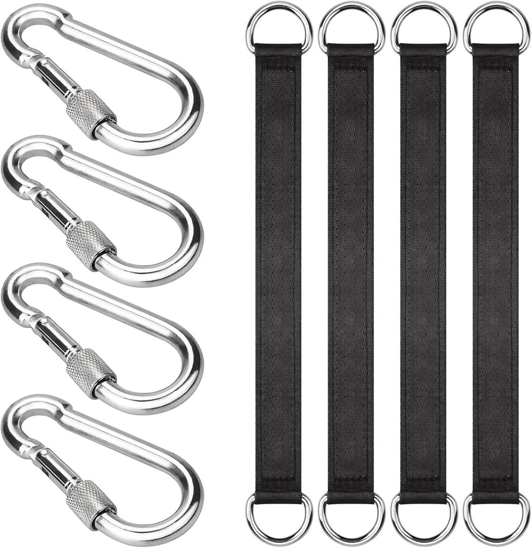 4 PCS Black Tree Swing Straps Hanging Kit with 4 Carabiners, 24cm / 9.4inches Length Tree Swing Hanging Kit Holds 220 lbs Perfect for Tree Swing Hammocks