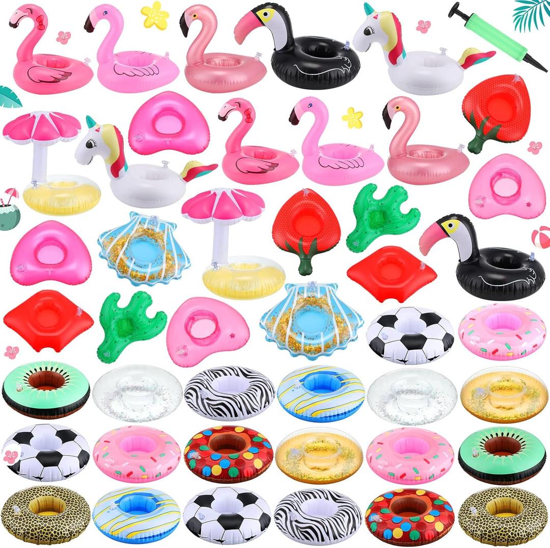 Sawysine 42 Pack Inflatable Drink Holders for Pool Swimming Pool Drink Floats Floating Cup Holder for Pool Inflatable Cup Coasters with Plastic Air Hand Pump for Party Adults