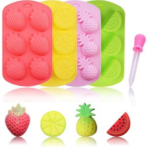 KRLIFCSL Fruit Shape Baking Mold Candy Molds including Pineapple Lemon Watermelon Strawberry, Ideal for Chocolate, Candy, Cake, Ice Cube & Jelly, Pack of 4 with 1 Dropper. (Fruit Mold)