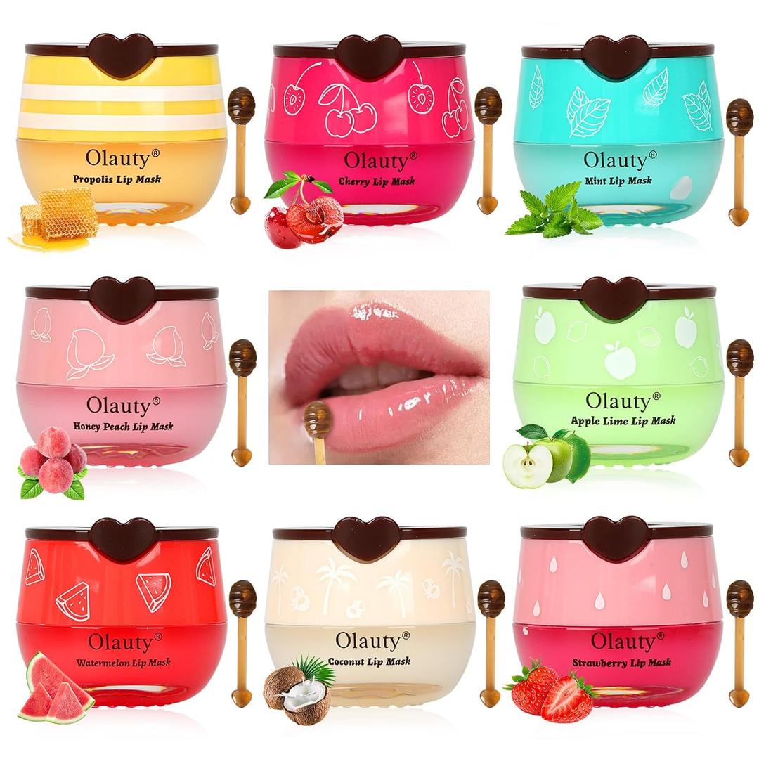8Pcs Bee Lip Balm Honey Pot, Galentines & Valentines Day Gifts, Party Favors, Birthday Gifts for Women Girls, Lip Mask Skincare, Natural Fruit Mini Honey Balm Moisturizing Prevention Lip Dry (Honey & Strawberry & Apple Lime & Watermelon & Peach & Mint & Coconut & Cherry)