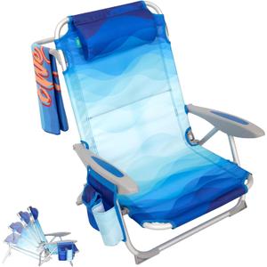 #WEJOY Folding Beach Chair for Adults, 4-Position Aluminum Lightweight Beach Chair, Low Sands Chairs with Backpack Straps, Cup Holder and Padded Headrest, Supports 265lbs for Lawn (#C 1 Pack Blue Pattern)
