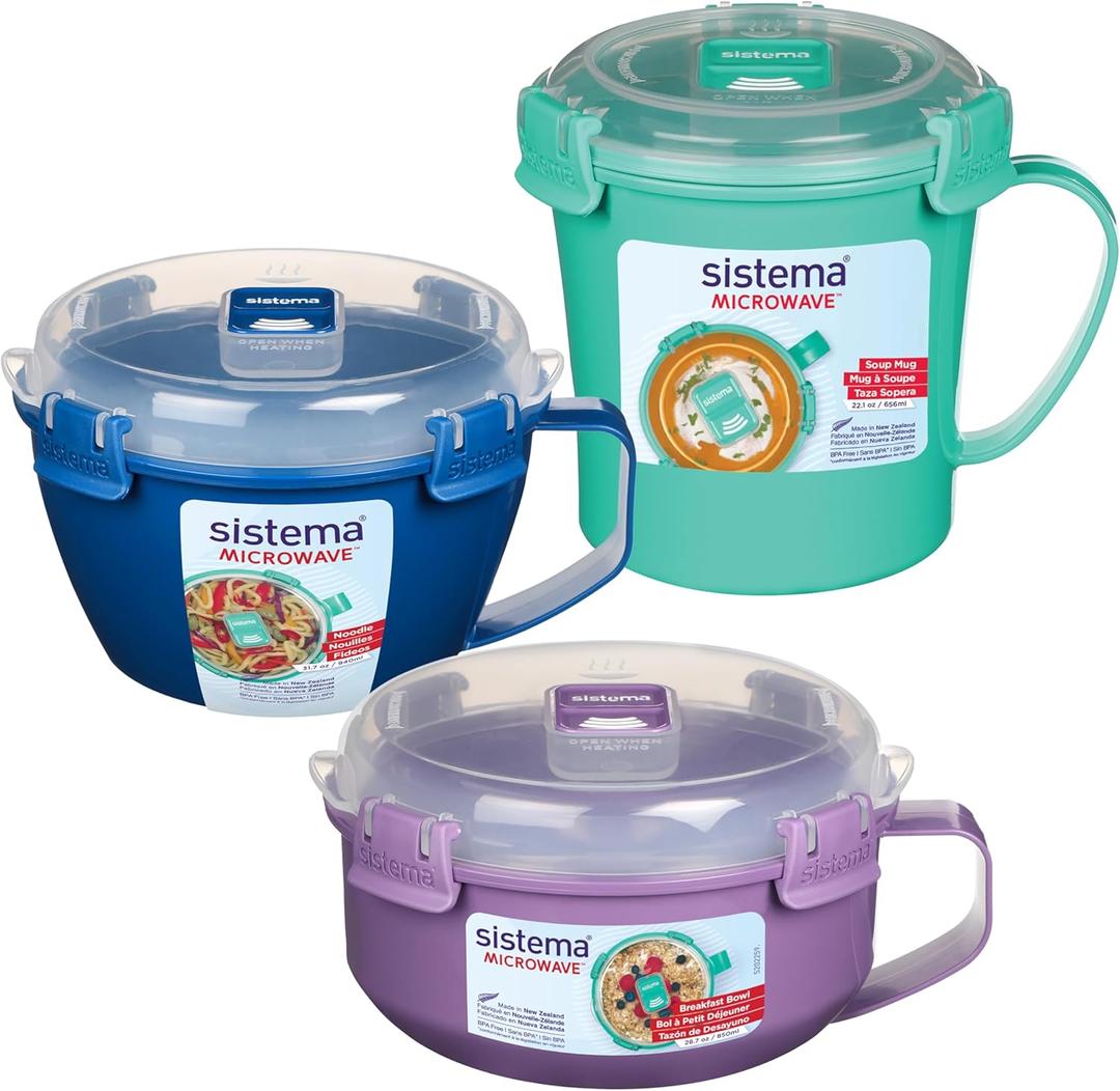 Sistema Microwave Containers | Soup Mug, Porridge Bowl & Noodle Bowl | Food Containers With Steam Release Vents | BPA-Free | Red | 3 Count (Multi)
