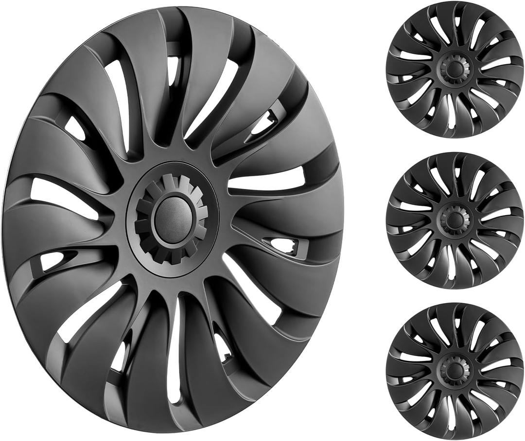 VEVOR Tesla Model Y Wheel Covers Hubcaps 19 Inch, 2020-2024 Model Y Black Fully Fit Hubcap with Snap Set of 4 Same Side, Guard Tape & Valve Nozzle Hole, ABS & PC Hubcap Less Wind Drag