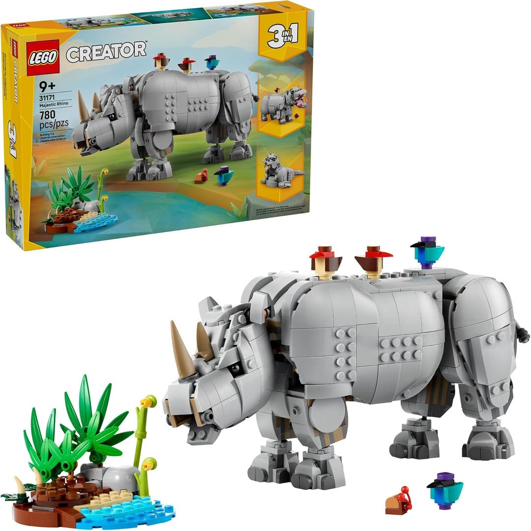 LEGO Creator 3 in 1 Wild Animals: Majestic Rhino with Birds Building Toys for Kids - Safari Pretend Play Toys for Girls & Boys, Ages 9+ - Gift for Birthdays - 31171