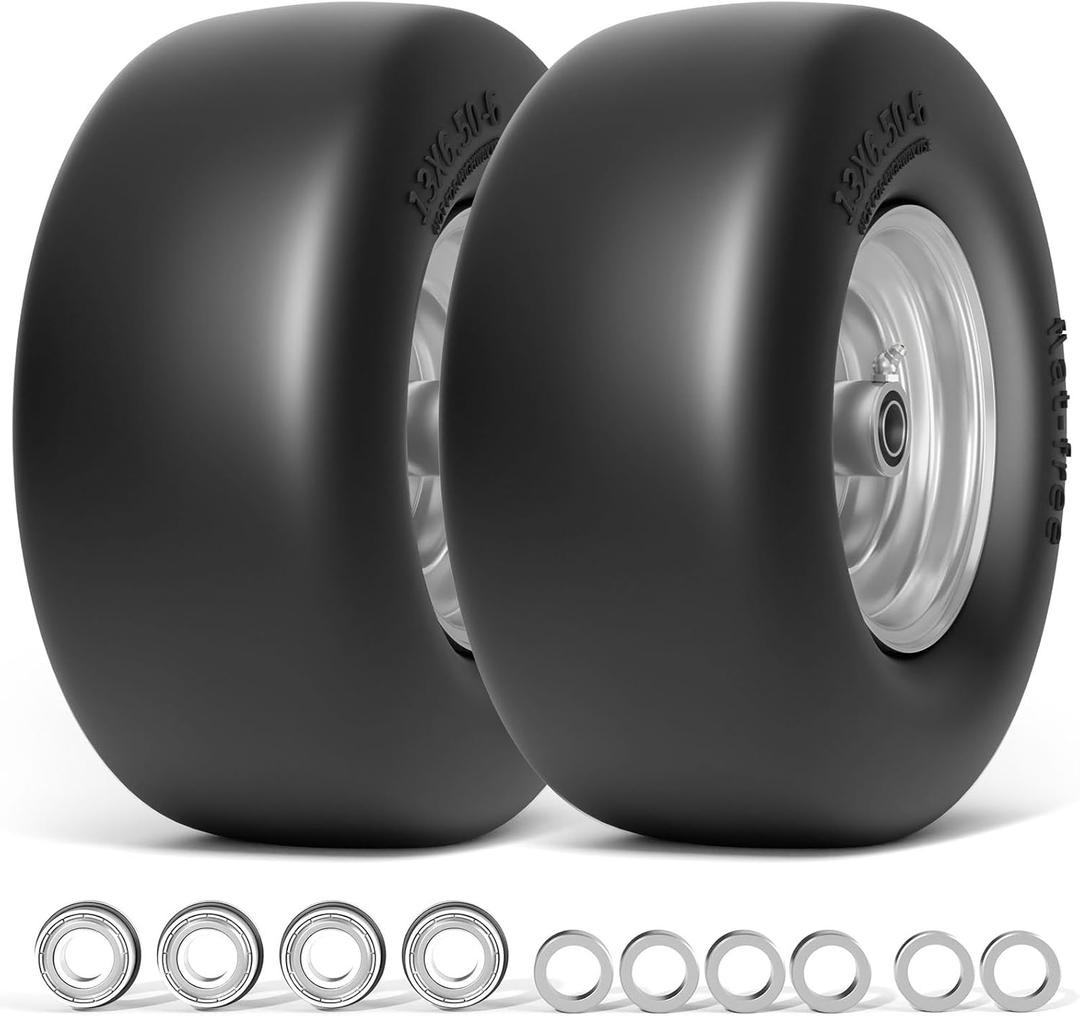 TEPU 13x6.50-6 Flat Free Tire and Wheel, Front Solid 13x6.5-6 Lawn Mower Tires with 3/4" & 5/8" Bearing, Zero Turn Mower Assembly for Commercial Garden Lawns, 5.5"-7.5" Center Hub, 2 Pack
