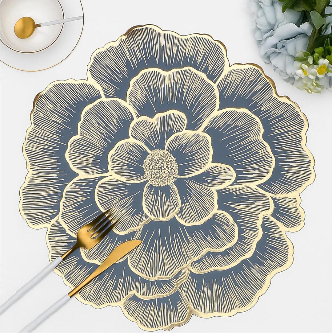 Gold Flower Placemats Set of 6 Pressed Vinyl Round Table Mats for Dining Table Centerpiece Decor Washable Waterproof Non Slip 15 Inch
