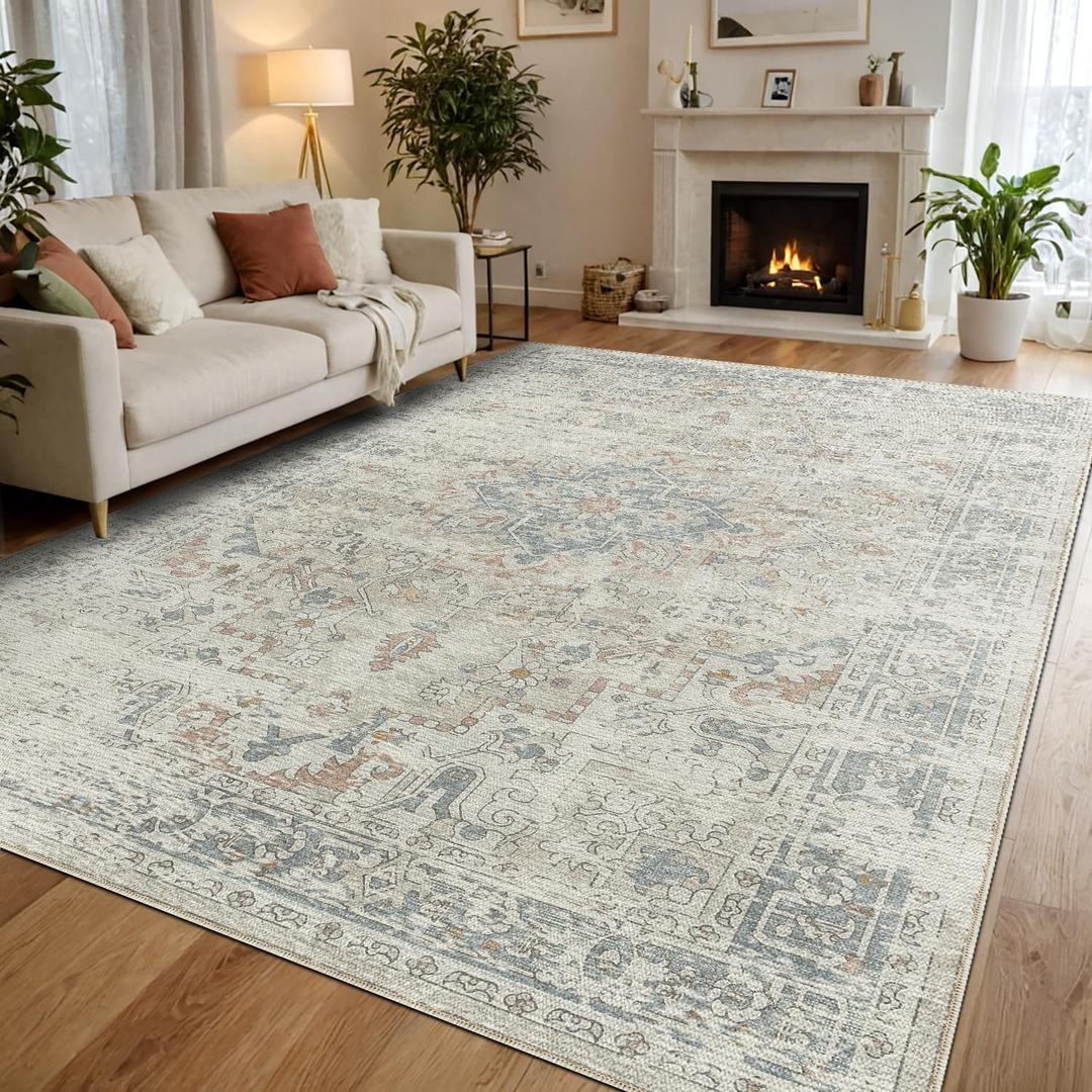 DEXI Area Rugs for Living Room, 8x10 Washable Low Pile Vintage Traditional Rug for Bedroom, Non Slip Large Indoor Carpet for Dining Office Nursery, Beige Blue