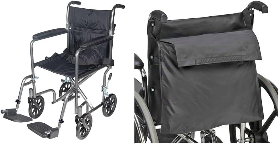 Drive Medical TR37E-SV Lightweight Folding Transport Wheelchair with Swing-Away Footrest, Silver & DMI Wheelchair Bag Provides Storage on Wheelchairs (1 Count (Pack of 1))