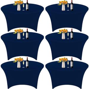 6Pcs 6FT Navy Blue Round Spandex Tablecloth 72 inch Stretchable Table Cover Tight Fit Stretch Tablecover Wrinkle Resistant Washable Table Cloth for Weddings Birthday Banquets Parties Festival