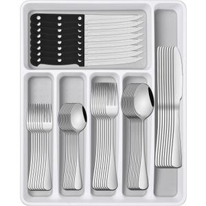 49 Pieces Silverware Sets With Organizer And Steak Knives,Stainless Steel Flatware Sets Service For 8 Person For Home Kitchen,Tableware Cutlery Sets,Includes Knife Spoon and Forks Sets