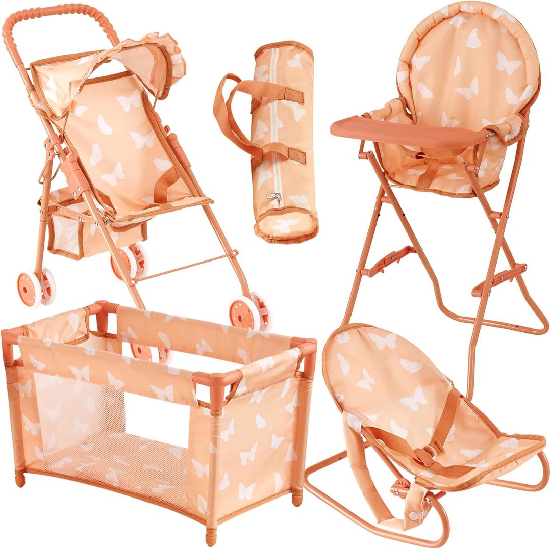 4-in-1 Baby Doll Stroller Set with Butterfly Design  Includes Toy Stroller, Crib, Bouncer & High Chair  Doll Accessories & Baby Doll Furniture Set for Toddlers 3-4 Years  Fits Dolls up to 18 Inches