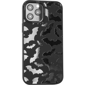Matte Black Case Compatible with - iPhone 12 Pro - iPhone 12-6.1 inch Protective TPU Rubber Cover Cute Bats Spooky Print Classy Bumper Non-Slip Design Shockproof Goth Halloween Animal Cool