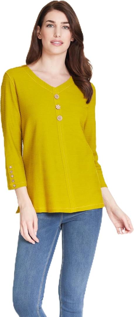 MULTIPLES 5-Button 3 Quarters Sleeve V-Neck 3-Button Front Top, Citron, XS