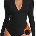 MANGOPOP Long Sleeve Body Suit Mock Turtle Neck Zip Up Bodysuit for Women Ribbed Deep V Sexy Bodysuit Shirts, XS