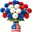 Floweroyal 24pcs 4th of July Flowers Artificial Chrysanthemum Ball Silk Hydrangea Flowers for Independence Day, Memorial Day, Floral Arrangement Decor (Red, Blue, White)