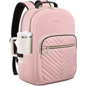 LOVEVOOK Laptop Backpack for Women with Giant Tumbler Holder 15.6 inch,Designer Travel Backpack Laptop Bag College Backpack,Quilted Work Nurse Teacher Backpack Purse Computer Bag Casual Daypack, Pink