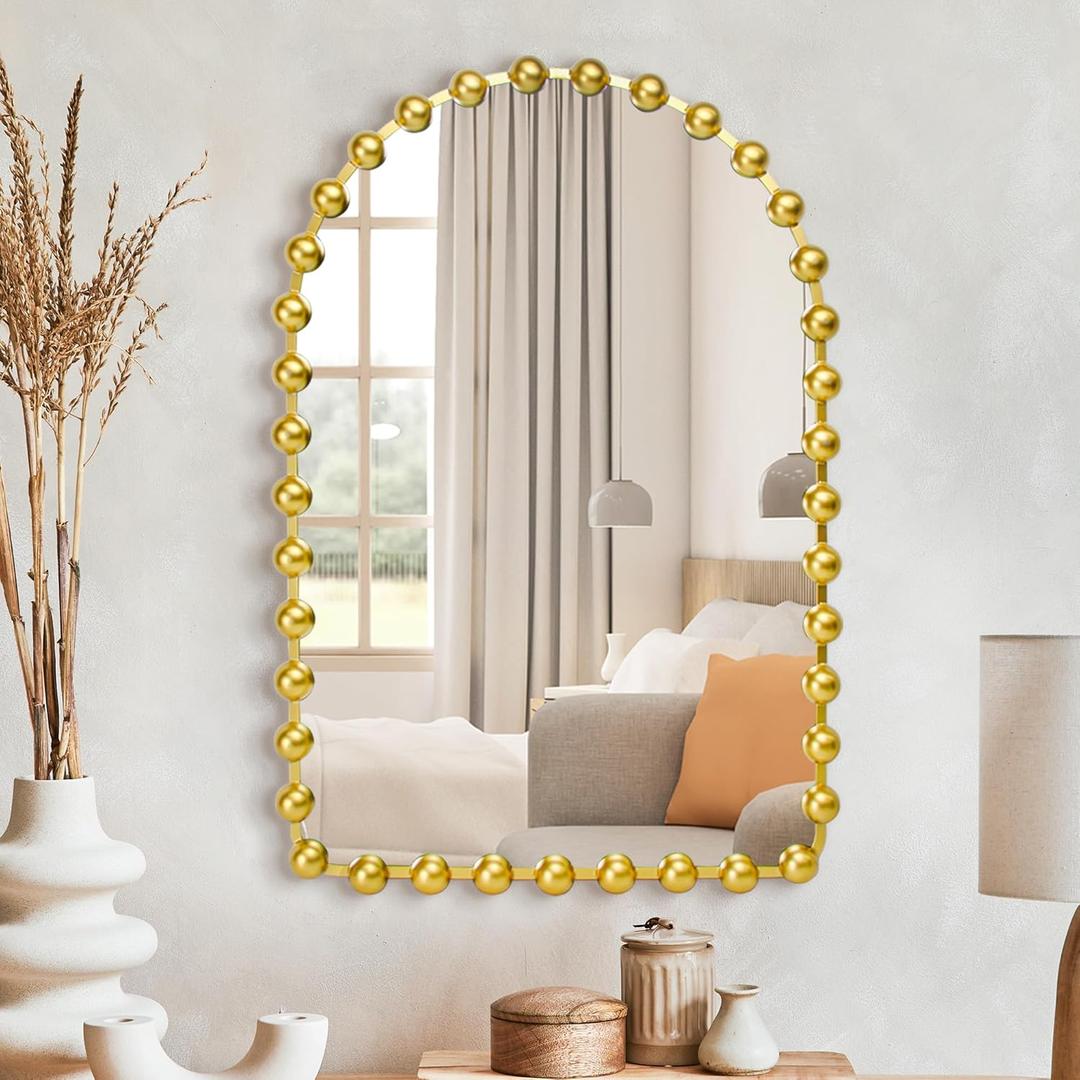 Arched Bathroom Mirror, 20"x30" Vintage Gold Metal Beaded Frame, Large Rustic Arched Wall Mirrors for Bedroom, Living Room, Hallway, Fireplace
