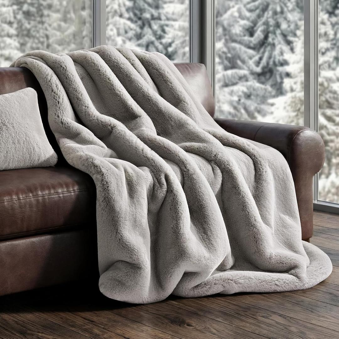 EVERGRACEHOME Luxury Soft Faux Chinchilla Fur Throw Blanket for Couch, Warm Thick Heavy Winter Throw Blanket 1220GSM for Bed, Fluffy Cozy Mink Blanket with Reversible Velvet, Silver Taupe, 60"x80"