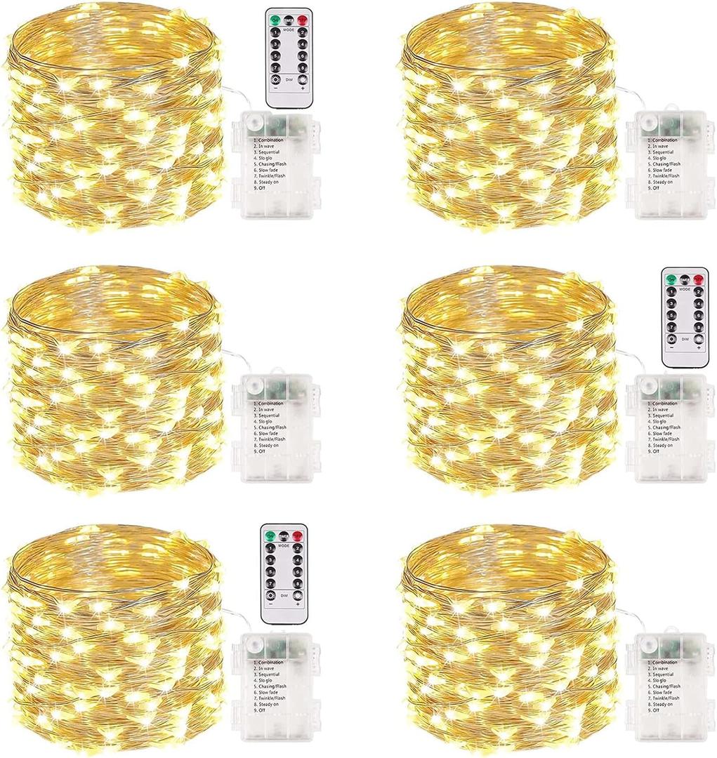 6 Pack 100 LED Fairy Lights Battery Operated with Remote, 33FT Waterproof Twinkle Lights with Timer & 8 Modes, Fairy String Light Outdoor Indoor for Bedroom Classroom DIY Christmas Decor (Warm White)