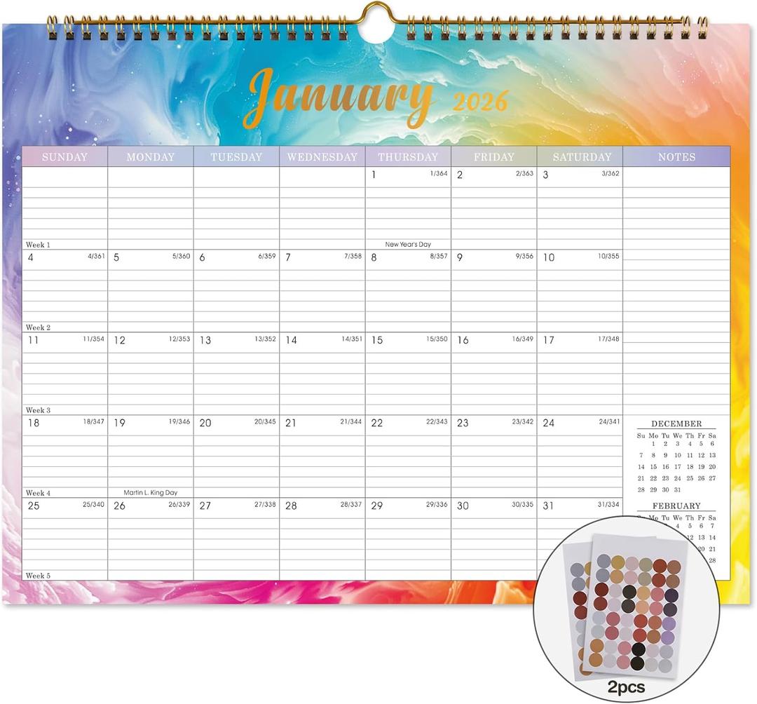 Lbylyhxc 2026 Calendar -12 Monthly Wall Calendar 2026 from Jan 2026 to Dec 2026, 14.8 x 11.5 Inches.Thick Paper with Julian Dates Large Wall calendar 2026 for New Year Presents (Rainbow Colors)