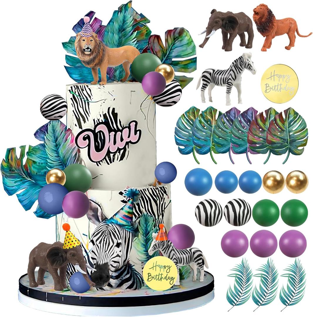 Safari Jungle Animal Cake Toppers with Mini Birthday Party Hats Balls Palm Leaves Lion Elephant Zebra for Wild Theme Birthday Oh Baby Safari Jungle Party Supplies