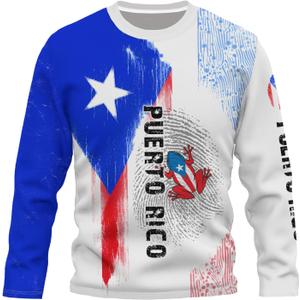Men's Puerto Rico Flag Long Sleeve T-Shirt 3D Printed Boricua Vintage Crew Neck Puertorrican Shirt for Women XL