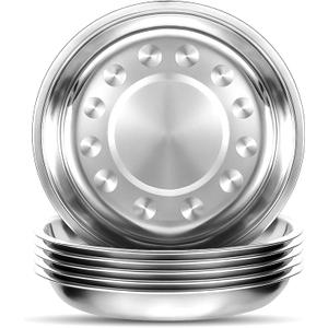 6 Pieces Stainless Steel Round Plates, 9 Inch Dinner Dishes, Feeding Serving Camping Plates for Home, Dishwasher Safe
