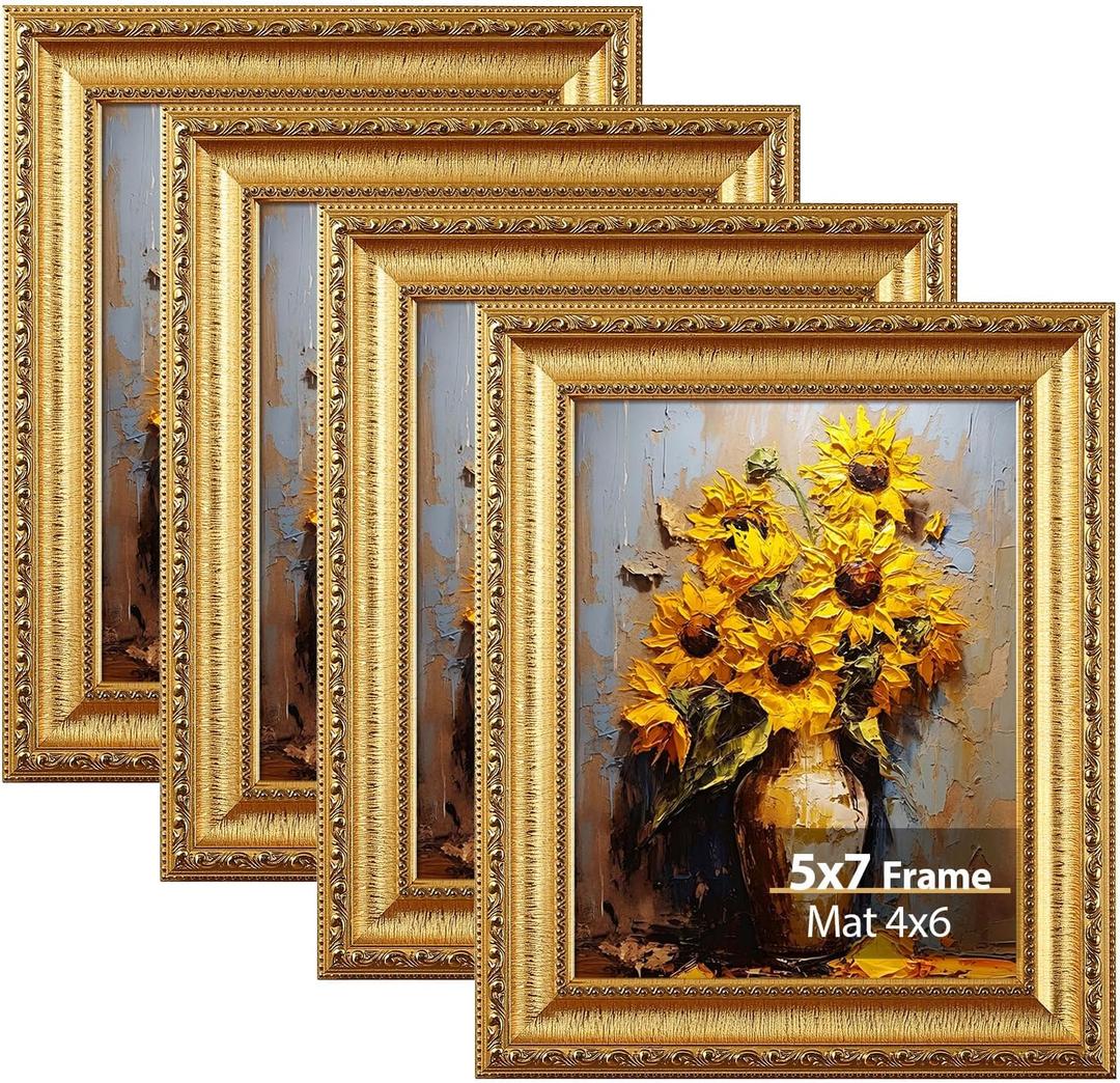 Splinterix 5x7 Gold Picture Frame Set of 4, Vintage 5 x 7 Photo Frames with Real Glass, Ornate Antique Golden Frame for Wall or Tabletop, Display 4x6 Print with Mat or 5x7 without Mat, 4 Pack