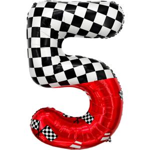 Minyu racing-themed number foil balloons, featuring a black and white checkered flag design with red racing car elements, suitable for birthday party decorations and motorsport party supplies. (5)
