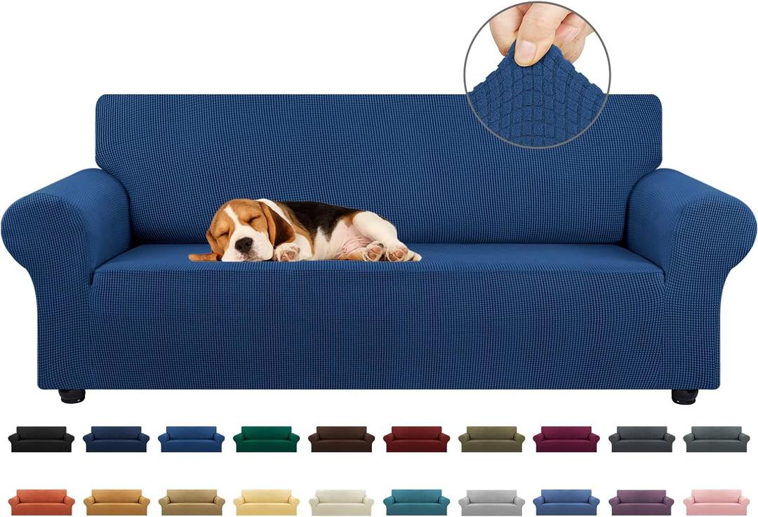 KEKUOU Stretch Sofa Cover Slipcover ，Couch Covers for 3 Cushion Couch Sofa pet Friendly (78"-94") Furniture Protector Sofa with Elastic Bottom for Kids,Dog, Jacquard Small Checked(Large,Classic Blue)