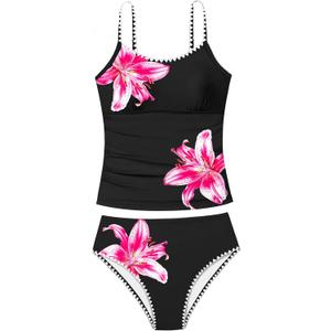Girls Swimsuit Solid Color Tankini Contrast Trim Swimwear 2 Piece Bathing Suit Padded Swimsuits for Teens  (Black, M)
