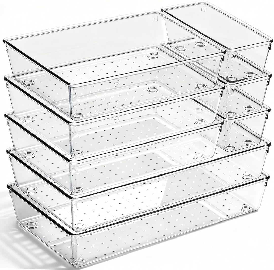 8 Pack Large Clear Plastic Drawer Organizer Bins - Acrylic Bathroom Drawer Organizer Trays - Heavy Duty Kitchen Drawer Dividers for Utensils - Non-Slip Storage Bins for Makeup, Bedroom, Office Desk