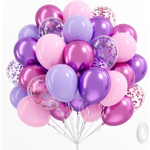 61pcs Pink and Purple Balloons, 12 Inch Purple Pink Confetti Balloons, Metallic Balloon with Ribbon for Bridal Baby Shower Wedding Women Birthday Party Decorations