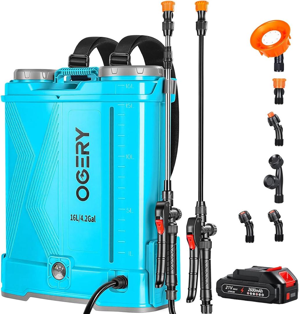 OGERY Battery Powered Backpack Sprayer 4 Gallon, 2.6Ah 21V Battery Electric Pump Sprayer with 6 Nozzles, Telescopic Stainless Steel + Plastic Wand for Lawn Garden Weed Yard Cleaning (Charger Included)