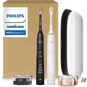 Philips Sonicare DiamondClean 9000 Electric Toothbrush - Sonic Toothbrush with App, Pressure Sensor, 12 Brushing Settings, Replacement Reminder, USB Charging Case, Black & Rose Gold, 2-Pack, HX9912/71 (Black and White)
