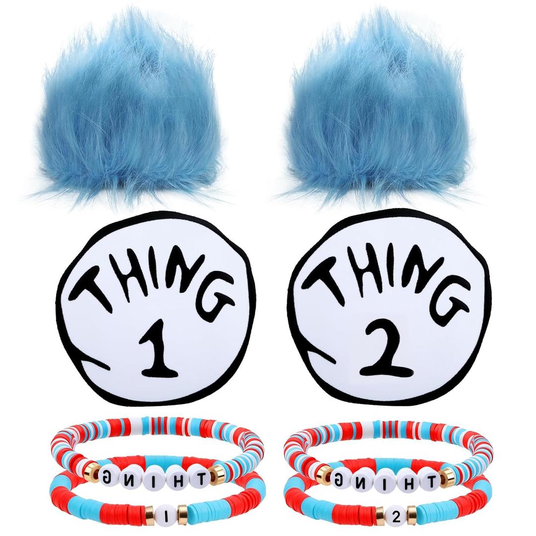 6Pcs Blue Fluffy Wigs Costume Set Thing Bracelets Iron on Patches Book Character Costume for Reading Week Halloween Theme Parties