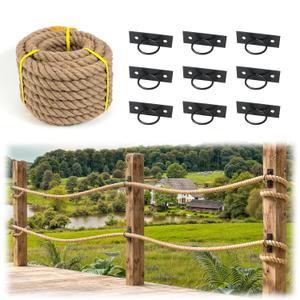 Muzata 50FT Complete Rope Support Holder Railing Kit with 1.5inch Natural Jute Hemp Rope Comprehensive Solution Length Adjustable Easy to Install with Paper User Guide M082