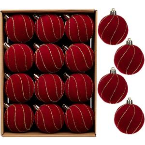 24PCS Velvet Christmas Ball Ornaments Set, 2.36" Shatterproof Baubles for Christmas Tree Decorations, Gold-Lined Hanging Baubles with Velvet Finish for Thanksgiving Holiday Party Decor, Red