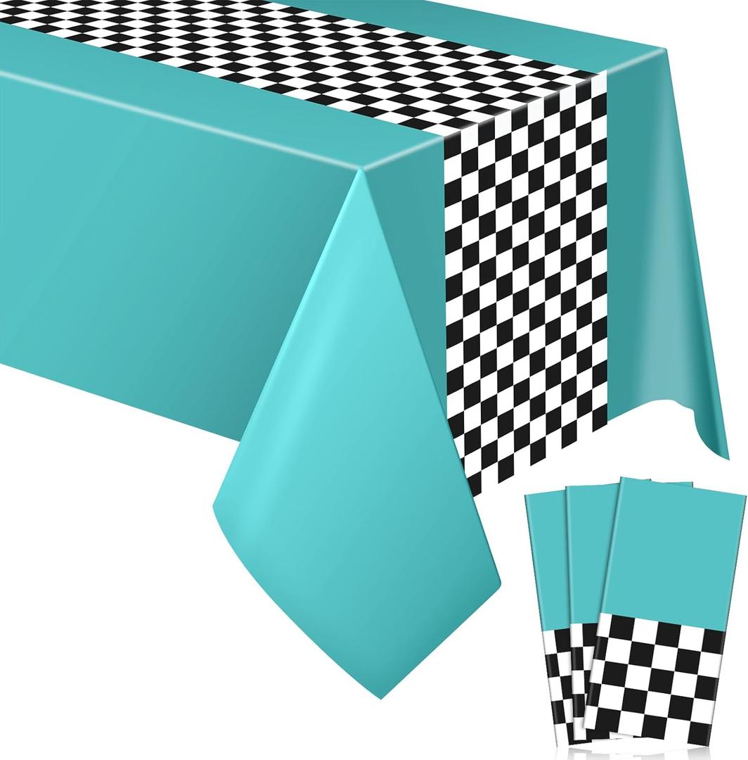 Irenare Car Birthday Party Supplies Racing Decorations 50s Party Tablecloth Racetrack Table Runner Table Covers for Kids Boy Car Theme Birthday Decor, 54 x 108 Inch(Cyan,3 Sheets)