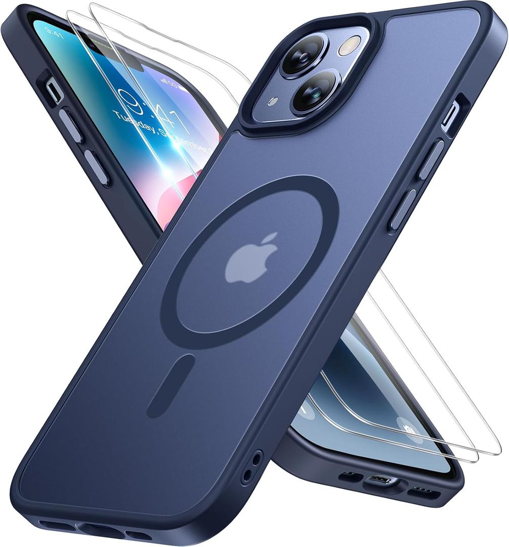Miracase Magnetic for iPhone 14 Case 6.1 inch (Compatible with MagSafe)with 2X Screen Protectors Military-Grade Protection, Anti-Fingerprint Translucent Matte Phone Case Cover, Dark Blue