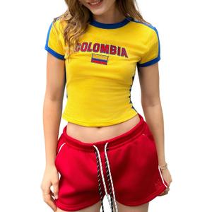 SHENHE Women's Brazil Shirt Crop Top Crewneck Vintage Short Sleeve Tops Y2K Graphic Baby Tee Jersey Shirt, Large