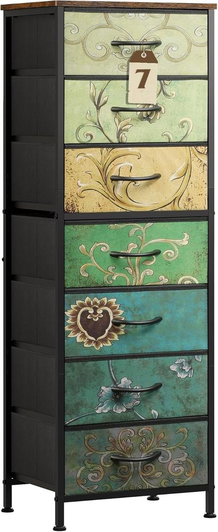 WLIVE Tall Dresser for Bedroom, 7 Drawer Dressers & Chests of Drawers, Fabric Dresser for Closet, Living Room, Night Stand with Metal Frame, Storage Tower with Fabric Bins, Wood Top, Floral Painted