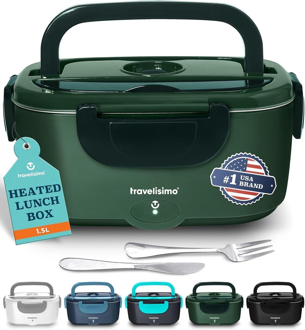 TRAVELISIMO Electric Lunch Box for Adults 100W Heated Lunch Box For Men 1.5L Stainless Steel Portable Food Warmer, 12/24/110V for Travel & Work, Loncheras Electricas Para Calentar Almuerzo (Dark Green)