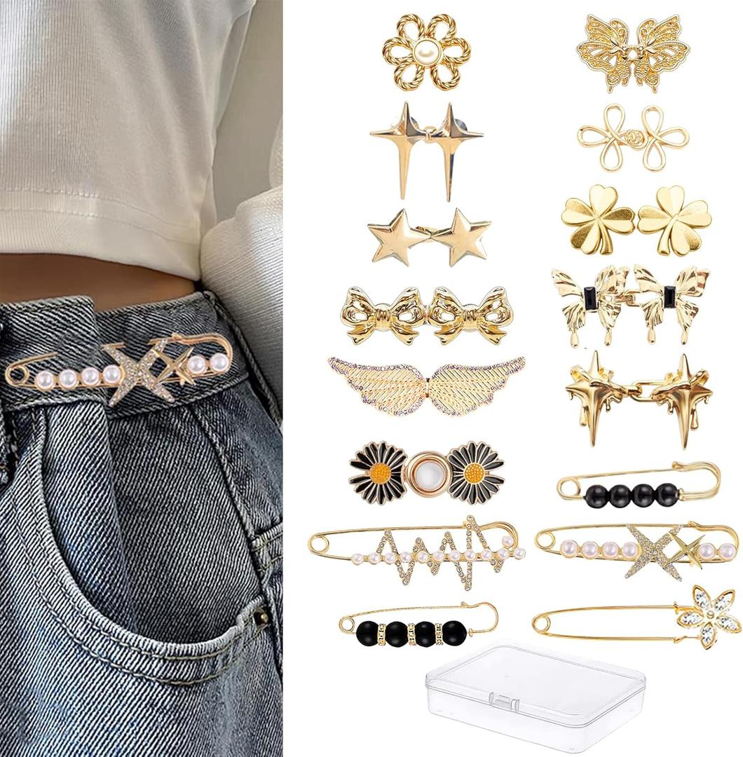 Pant Waist Tightener for Women : Jean Clips to Tighten Waist for Pants - Decorative Jean Buttons Pins for Clothing Dresses Skirts 16pcs and A Box, Golden