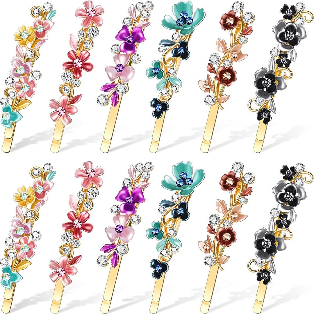 WILLBOND 12 Pieces Vintage Flower Hair Pins Women Barrette Bobby Pins Decorative Metal Gold Tone Hairpins Colorful Floral Design Hair Clips French Rhinestone Decorative Accessories for Women Girls