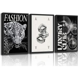 Black and White Trendy Leopard Preppy Wall Art Funky Black Cheetah Picture Wall Decor Luxury Club Fashion Disco Ball Ace of Spades Painting Aesthetic Poster Print Artwork for Living Room Bedroom