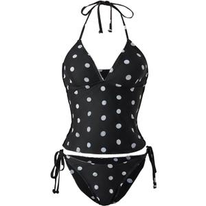 Verdusa Women's Halter Tankini Swimsuits 2 Piece Polka Dots Bikini Set Tie Backless Tops with Panty (Black, S)