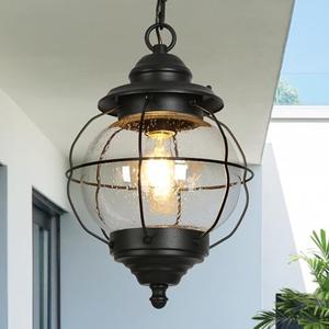 Outdoor Pendant Light Fixture, Farmhouse Globe Exterior Hanging Lights with Adjustable Chain, Black Ceiling Outdoor Lantern Light with Seeded Glass for Front Door, Entry, Porch, and Gazebo