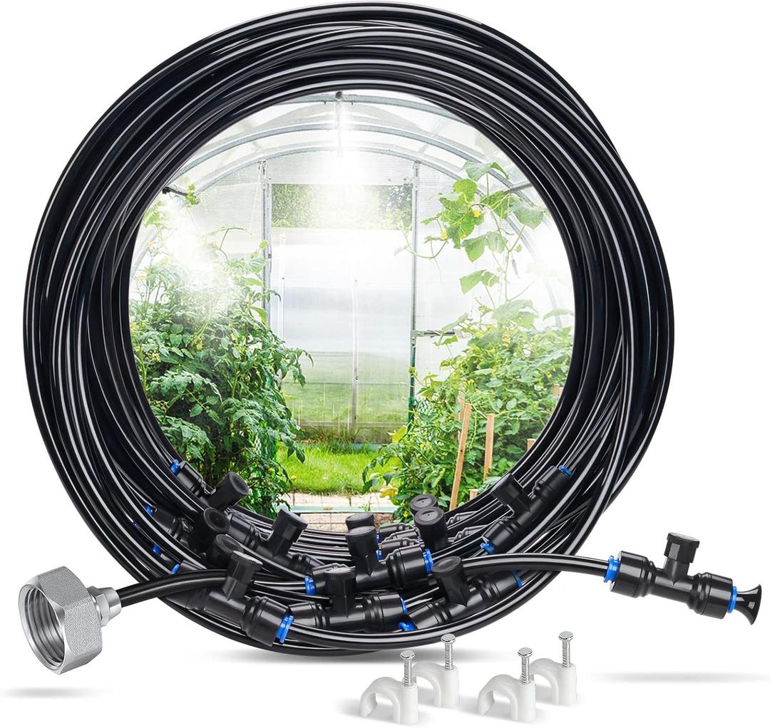 HIRALIY Misters for Outside Patio 39.4FT (12M) Misting Line + 11 Misting Nozzles + Brass Adapter(3/4"), Water Mister for Outside Patio Cooling, Garden Watering